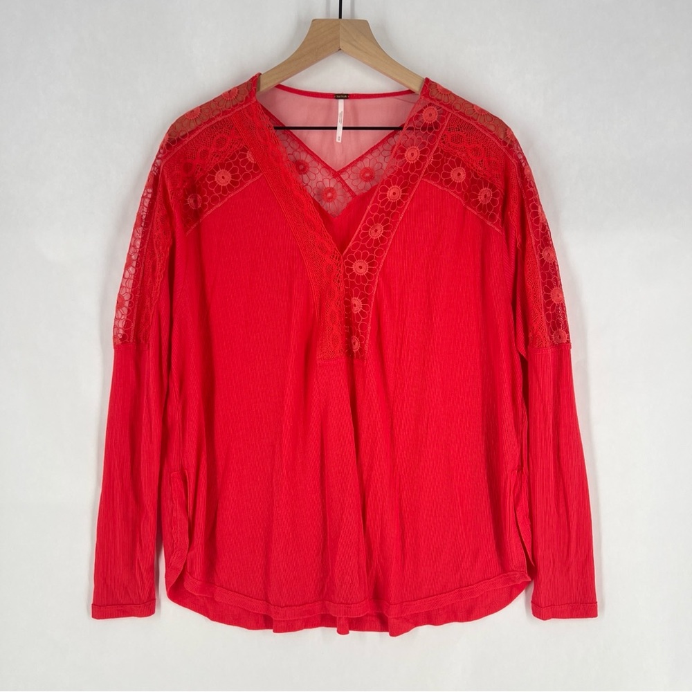 Free People Vibrant Red‎ Ribbed Lace Trimmed Dolman Sleeve Blouse Size M
